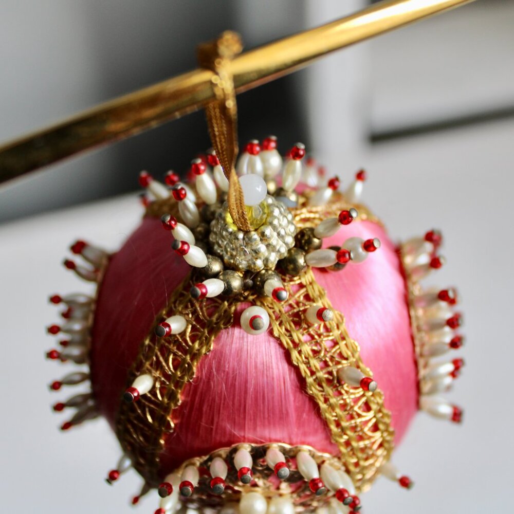 Vintage Pink Satin Ball Beaded Push Pin Christmas Ornament Sequin Embellished 5” - Picture 7 of 8